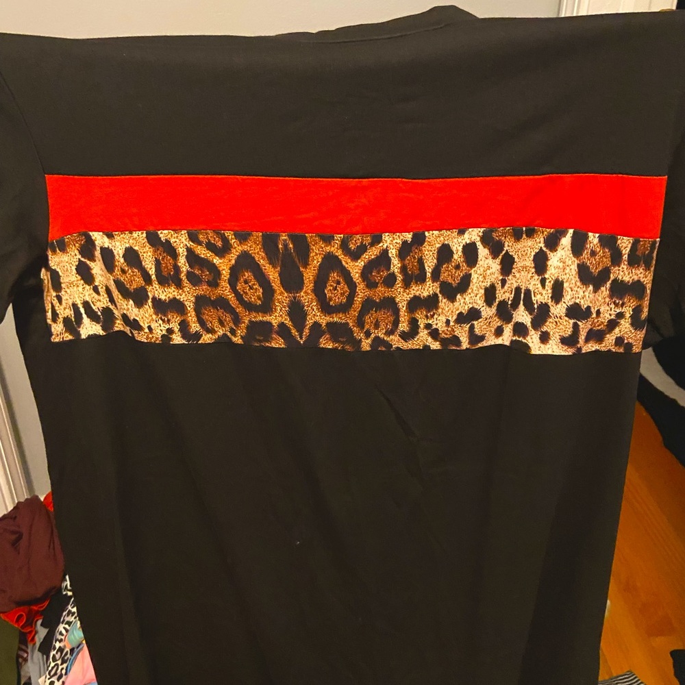 Black dress with red and cheetah print stripes